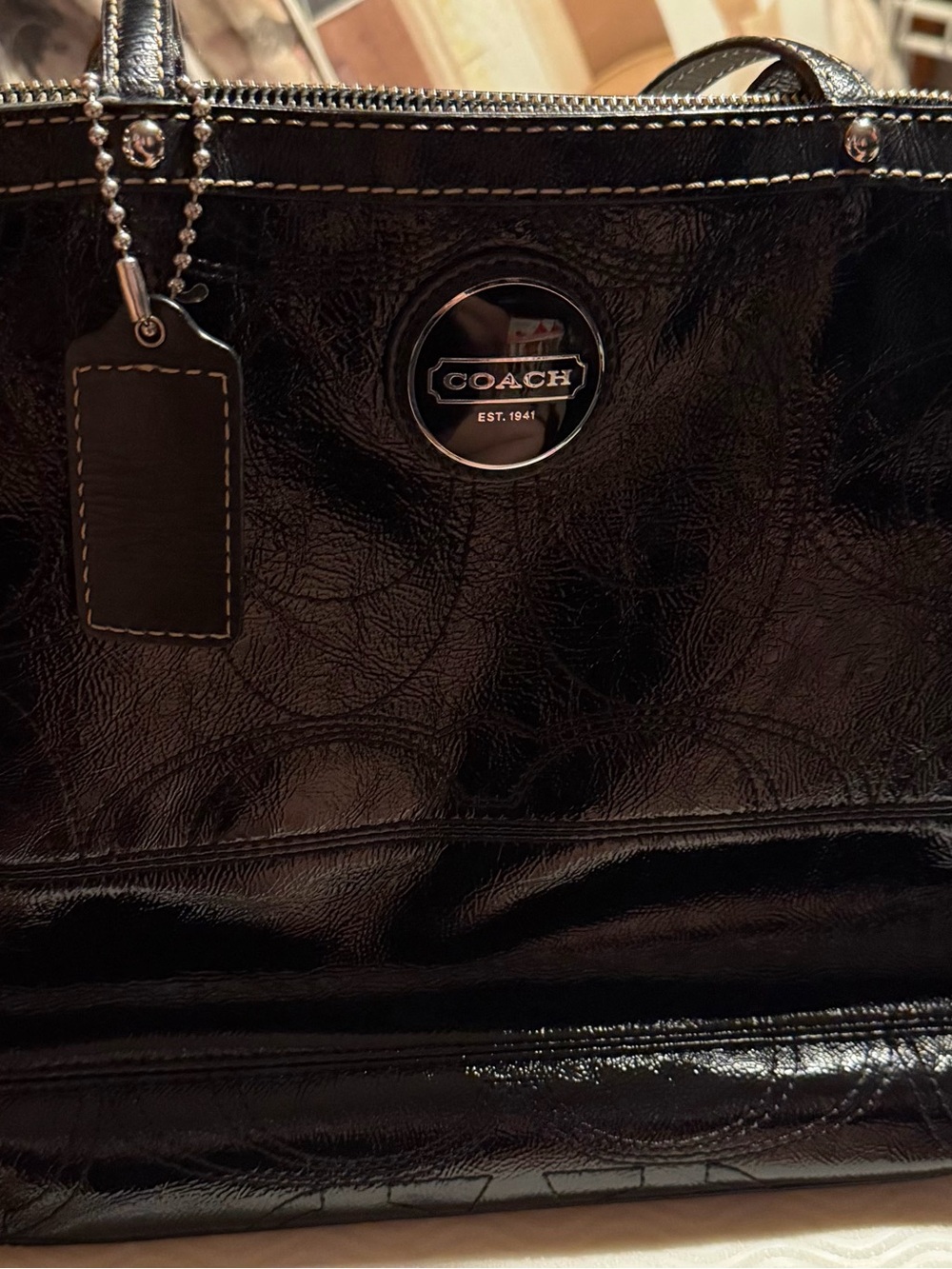 Coach Black Patent Leather Tote with Logo Medallion